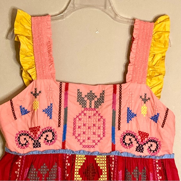 FARM Rio Color Blocking Pineapple Embroidered Tiered Mini Dress Red Size M - Picture 7 of 15